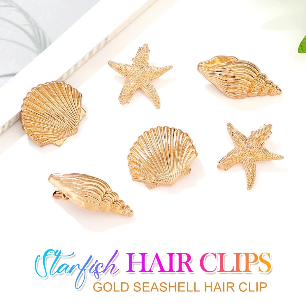 Beach Hair Clips - Gold Seashell & Starfish Hair Accessories for Women | Pack of 6