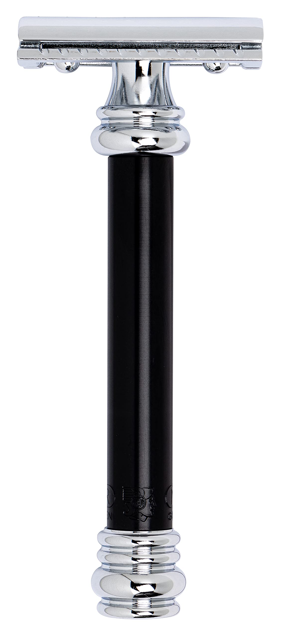 MERKUR 38B Double Edge Safety Razor - Black Handle | Extra Large Barber Pole Grip Brass Handle | Made in Germany | Plastic-Free | Two Piece Design | Closed Comb | Straight Bar