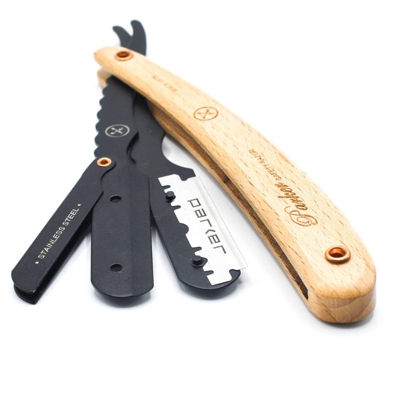 Parker SRP Pine Wood Handle Straight Edge Barber Razor – Stainless Steel Clip‑Type Straight Razor, 5 Premium Half DE Blades Included