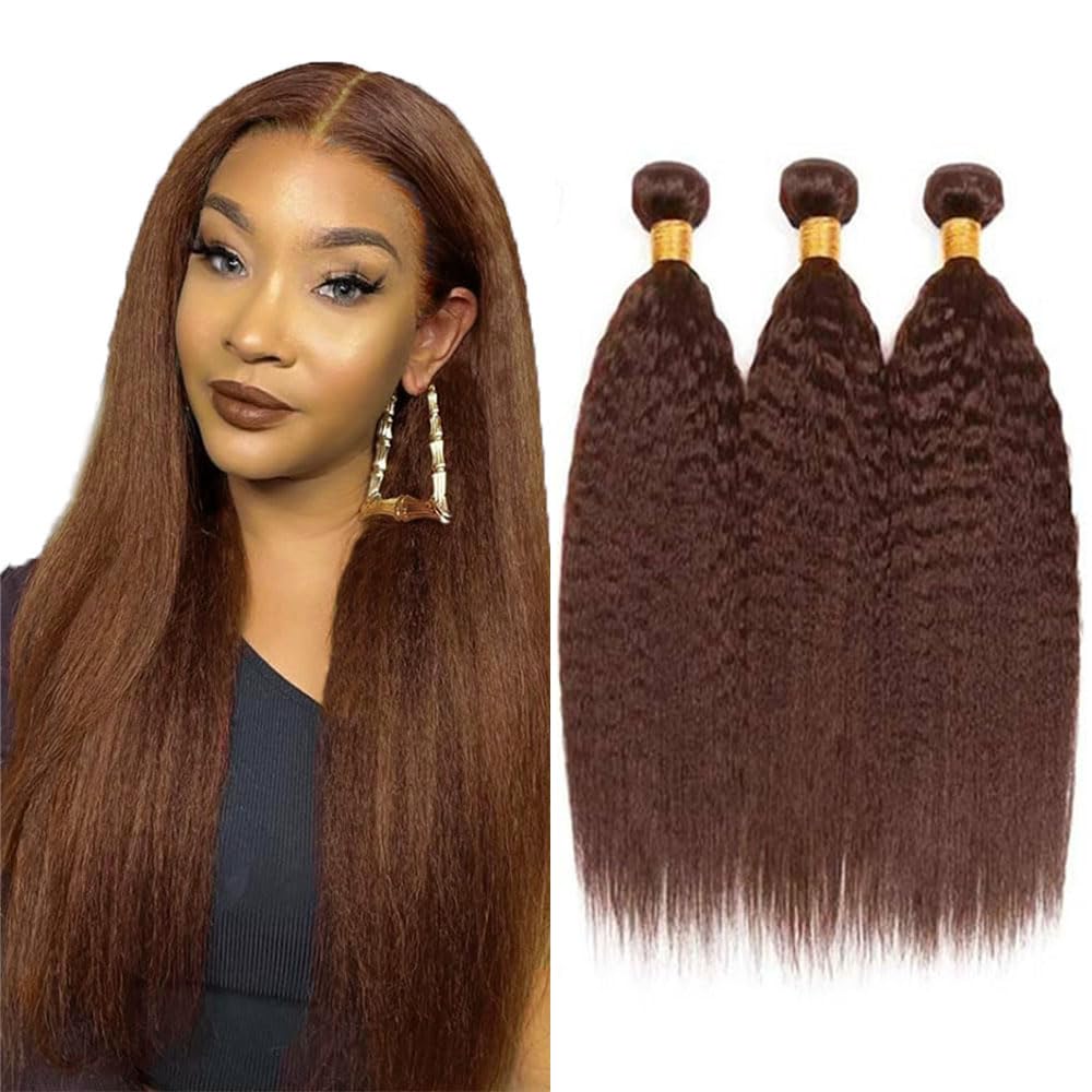 #4 Chocolate Brown Bundles Human Hair Yaki Straight Bundles 28 30 32 Inch Kinky Straight Bundles Unprocessed Brazilian Virgin Hair Deals Quick Weave Hair Extensions 3 Bundle 50 Gram Per Bundle