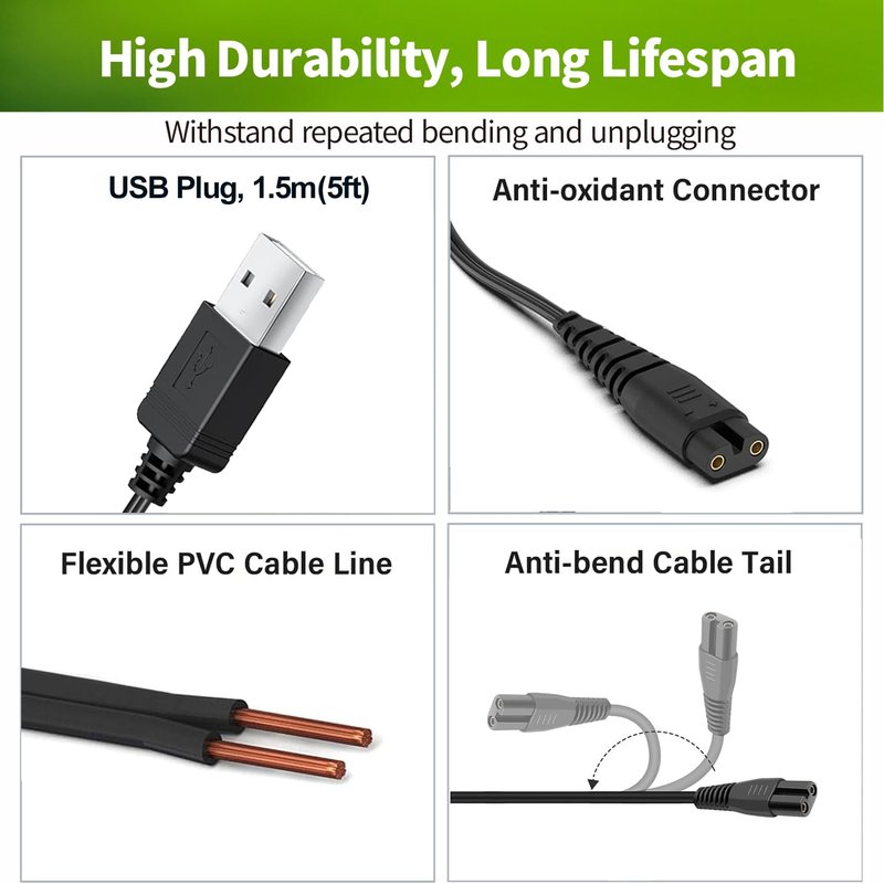 LONNKY USB Charger Cord for Hatteker Cordless Hair Trimmer Hair Clipper Beard Trimmer RFC-588 RFC-598 RFC-690 RFC-692 RFC-696 RSCX-7568 RSCX-9598, Shaver Razor Replacement Charging Power Cord