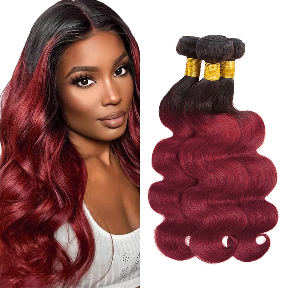 Ombre Human Hair Bundles 1B99J Burgundy Body Wave 3 Bundle 26 28 30 Inch Double Weft 2 Tone Black and Burgundy Bundles Peruvian 8A Virgin Remy Hair Extensions 330g