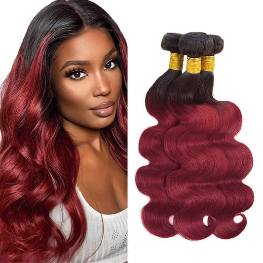 Ombre Human Hair Bundles 1B99J Burgundy Body Wave 3 Bundle 26 28 30 Inch Double Weft 2 Tone Black and Burgundy Bundles Peruvian 8A Virgin Remy Hair Extensions 330g