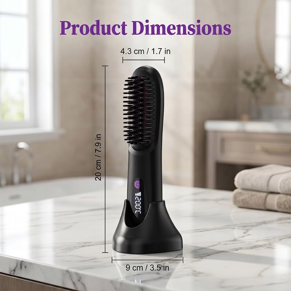 Cordless Hair Straightener Brush - Dual Charging, Compact Design for Home & Travel | Black