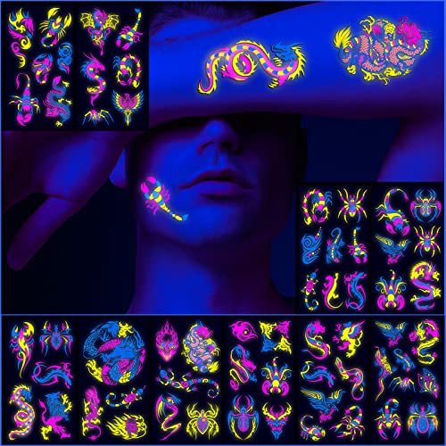 Maripabon Neon Dragon Scorpion Temporary Tattoos 61 Pc Glow UV Body Art