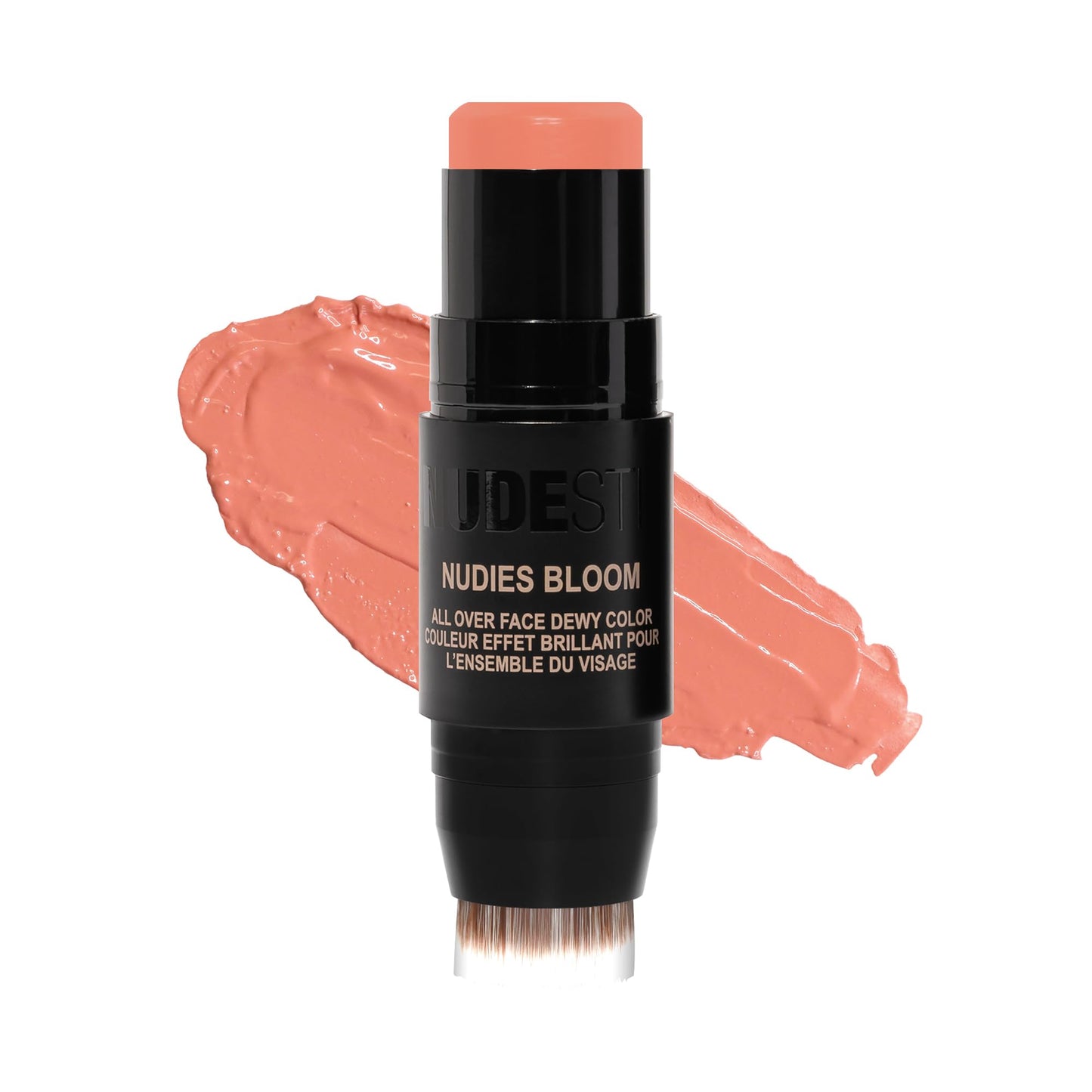 Nudestix Nudies Bloom All Over Dewy Color – 3-in-1 Cream Blush Stick for Cheeks, Eyes & Lips with Built-In Brush | Sheer, Glossy Finish | Vegan, Long-Wear, Multi-Use Makeup (Sweet Peach Peony)