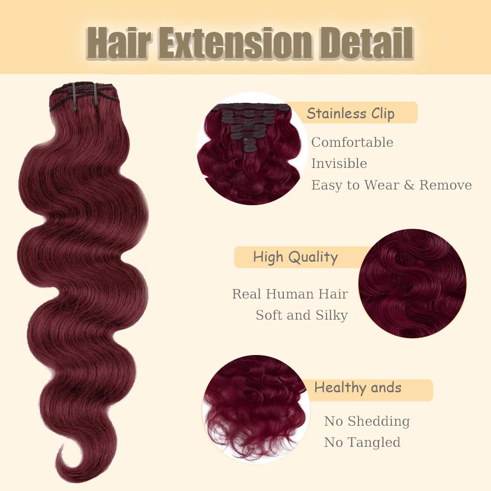 #99J Burgundy Clip in Hair Extensions Real Human Hair,20 Inch 120g/7Pcs,Full Shine Remy Human Hair,Wine Red Body Wave Clip ins Brazilian Virgin Human Hair Extensions