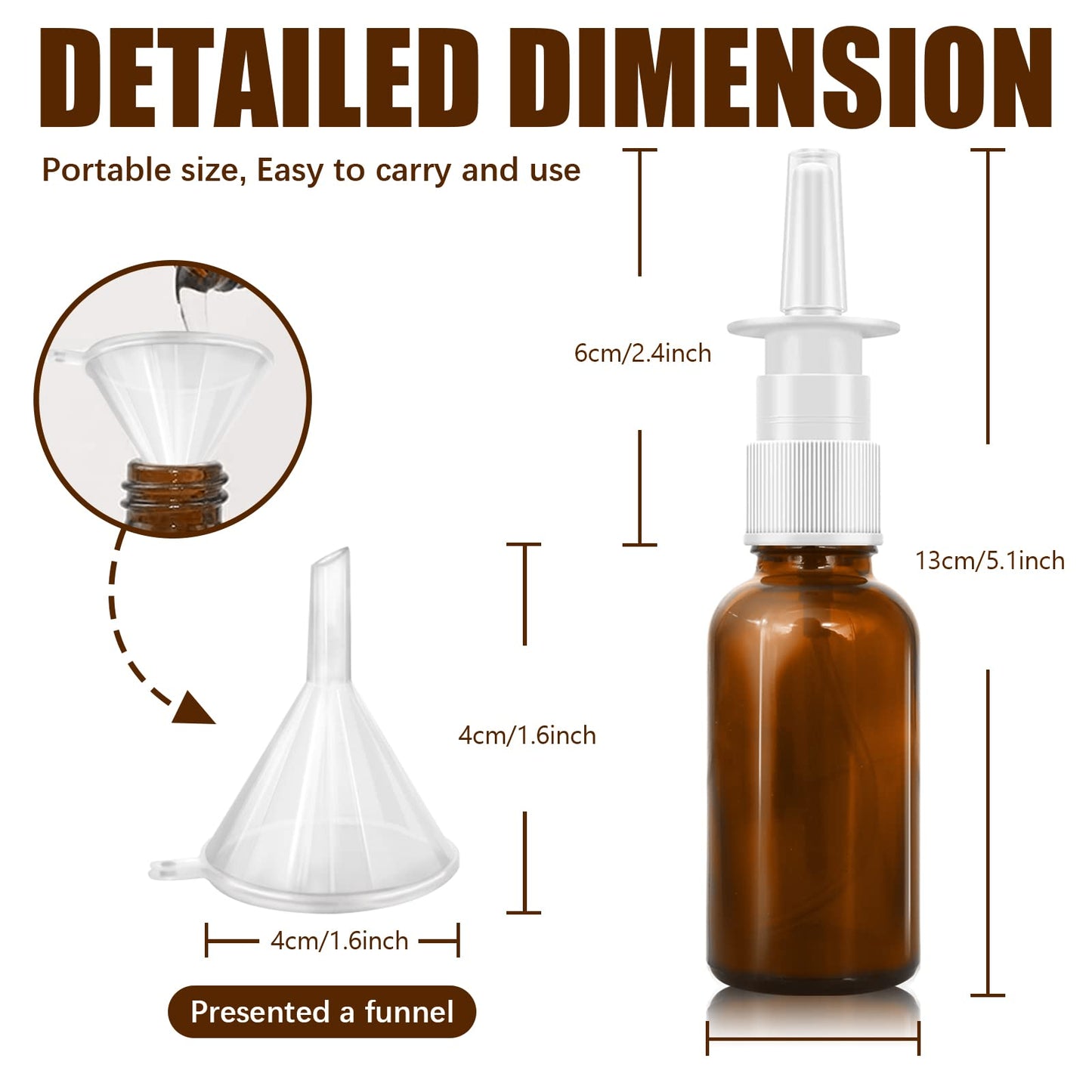 Cupohus Nasal Spray Bottle, 3 Pcs 30ML/1oz Amber Glass Refillable Fine Mist Sprayers Atomizers, Travel Sized, Empty Nasal Sprayer with Funnels and Labels