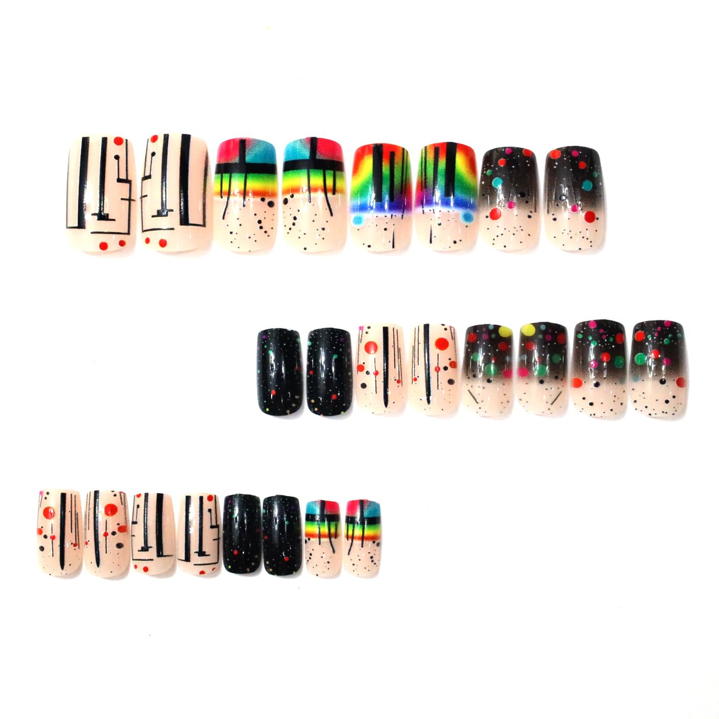 Rainbow Polka Dot Press-On Nails | Medium Square Colorful Acrylic Full Cover | 24 Pcs Reusable Summer Design