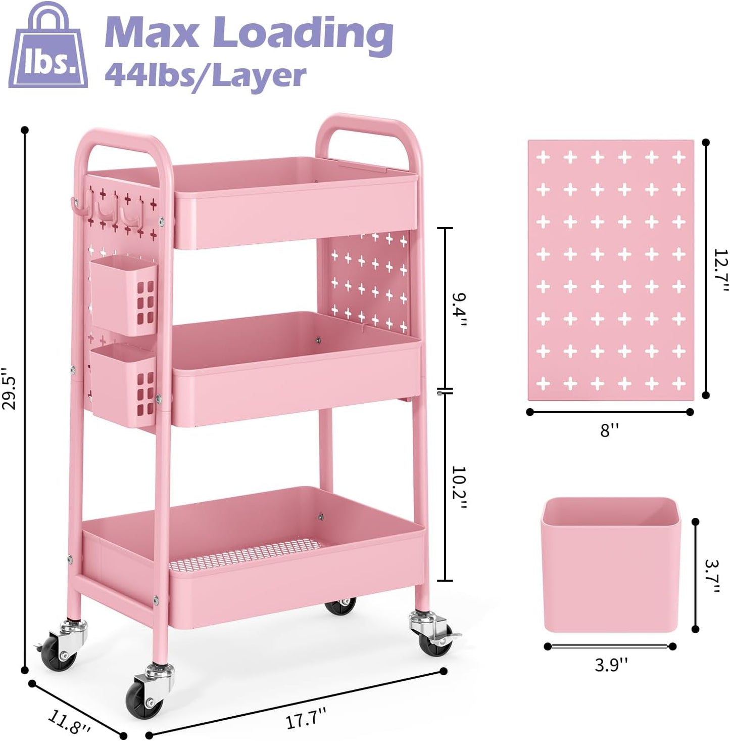 Metal Rolling Storage Cart - 3-Tier Utility Mobile Trolley with DIY Pegboards & Baskets | Pure Pink