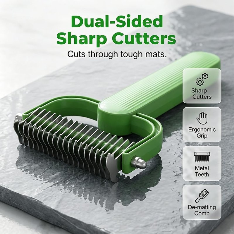 Universal Pet Detangling Comb - Professional Dematting & Undercoat Rake for Dogs & Cats | Gentle Grooming Brush (Green)