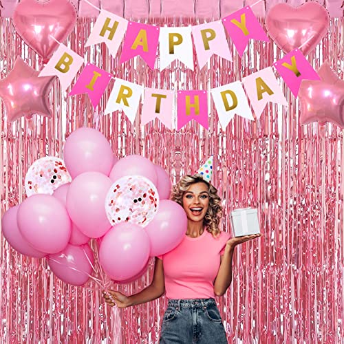 Pink Gold Birthday Decorations Set for Women & Girls - Banner, Balloons, Curtains & More