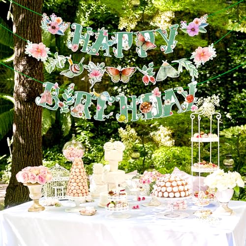 Sage Green Floral Happy Birthday Banner with Butterflies - Pre-Strung