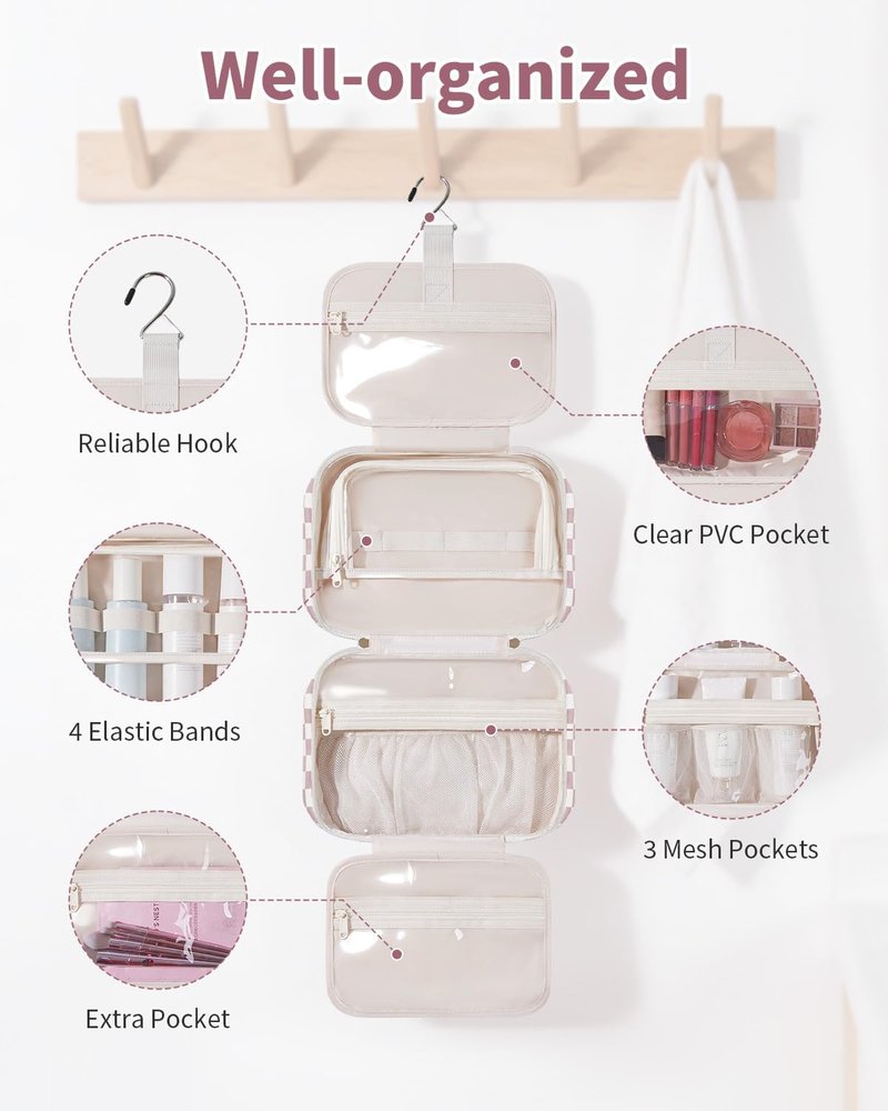 Hanging Toiletry Bag for Women - Checkered Travel Makeup Organizer | Medium Dusty Pink Checkerboard