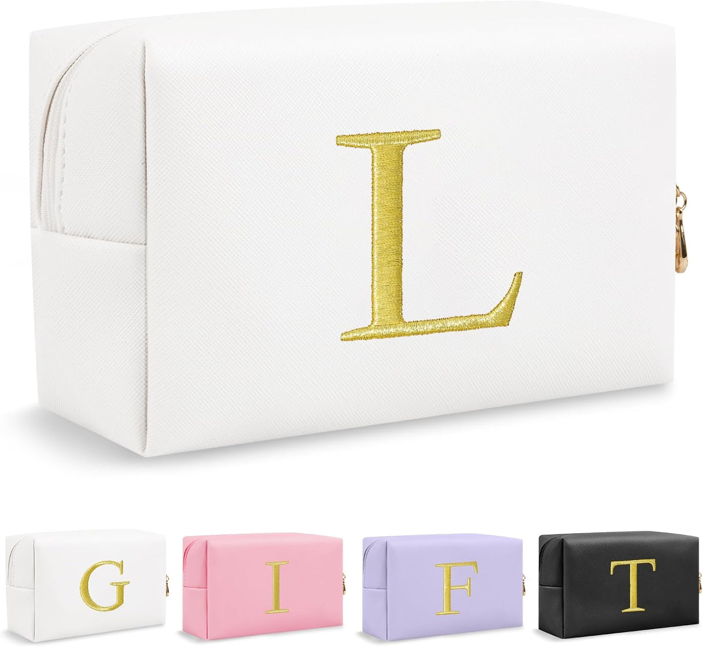 Personalized Initial Makeup Bag - Gold Embroidered Cosmetic Bag for Teens | Custom Travel Toiletry Bag (Black)