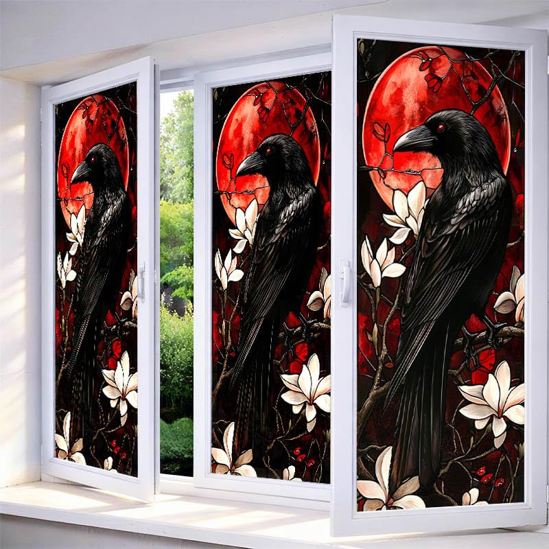 Raven and Magnolia Privacy Window Film | Stained Glass Cling 17.7 x 39.3 Inch