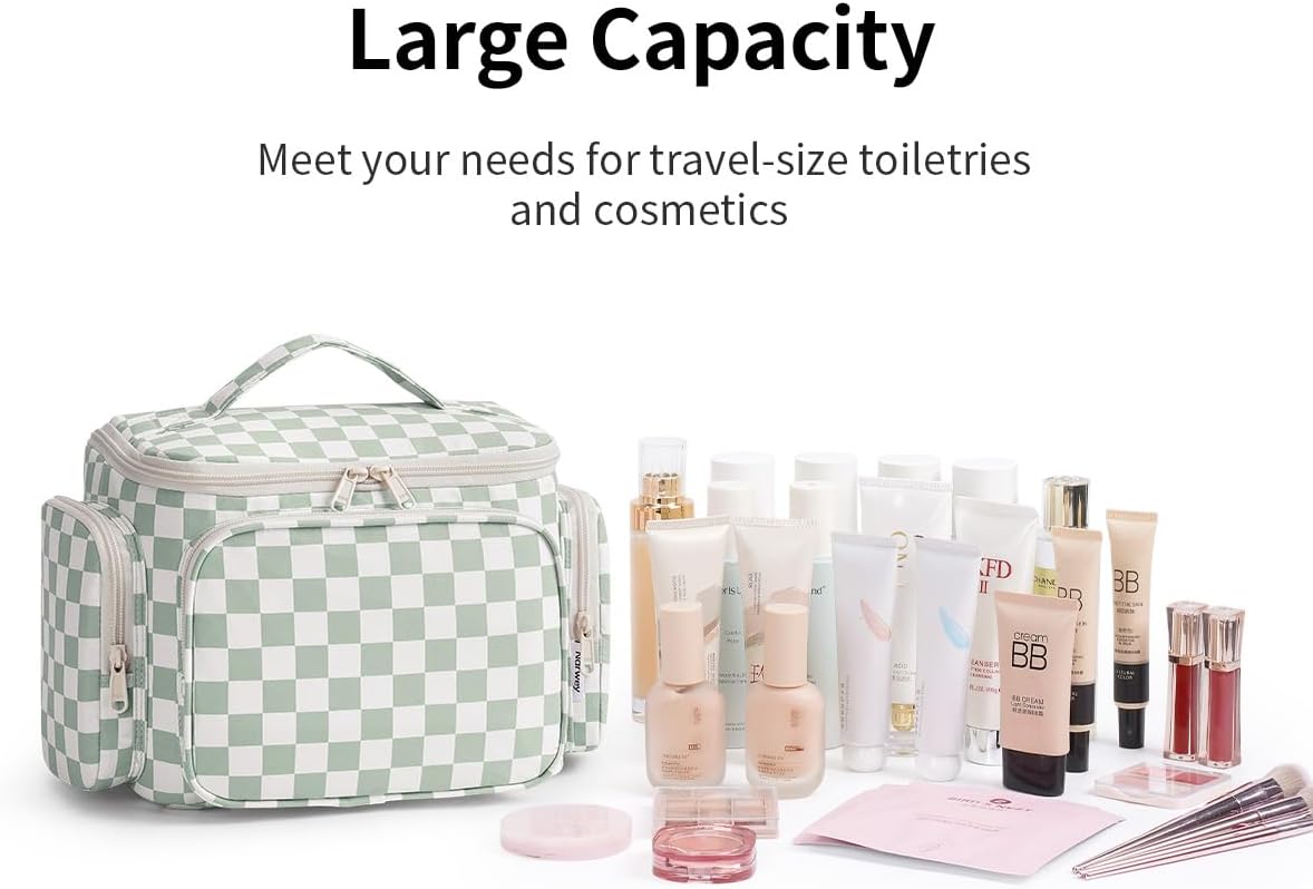 Narwey Travel Toiletry Bag - Wide Open Makeup Organizer with Wet Pocket | Green Checkerboard