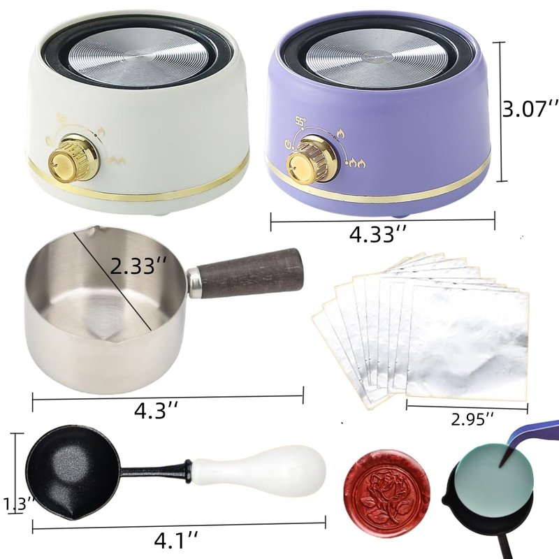 Sealing Wax Warmer Electric with 300Pcs Purple Waxseal Beads, a 80ml Large Spoon, a Non-Slip Melt Scoop, Electric Wax Seal Melting Warmer Furnace Kit(300 Purple White Set)