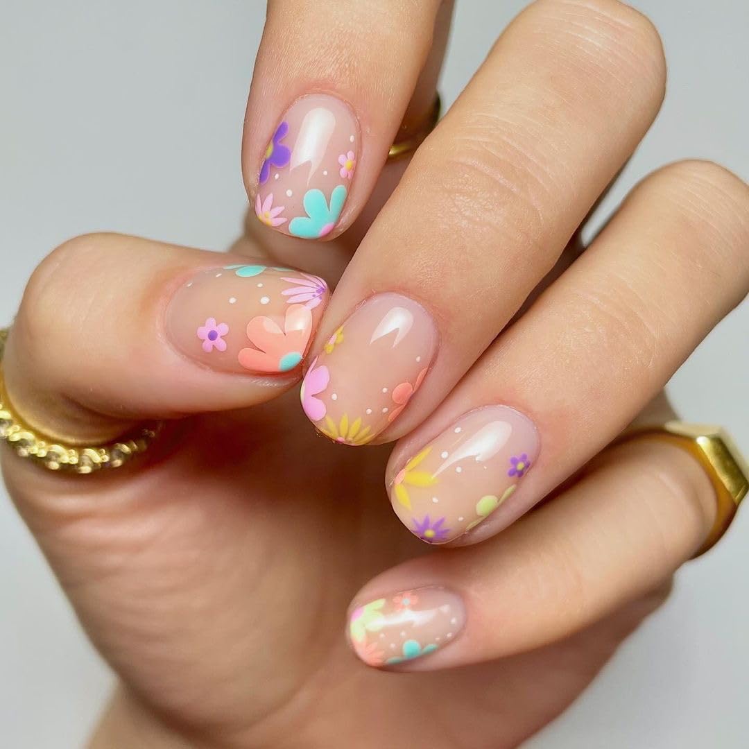 Colorful Gradient Press-On Nails | Medium Coffin Shaped Acrylic Nail Art - 24 Pcs with Rainbow Designs