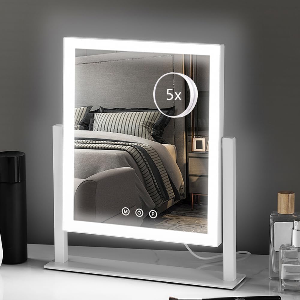 Lighted Makeup Mirror - 14.1" x 12.1" Hollywood Vanity Mirror with 3 Color Modes & 5X Magnification | Smart Touch Control, 360° Rotation (White)