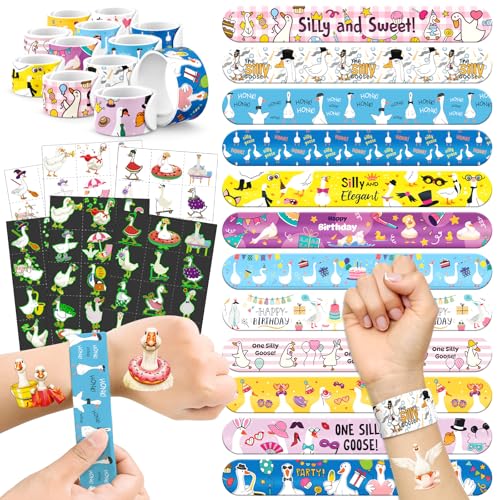 BOIKOKY Silly Goose Party Favors Set – 72 Temporary Tattoos & 24 Slap Bracelets, Kids Birthday Party Supplies, Classroom Rewards, Silly Celebration Decorations