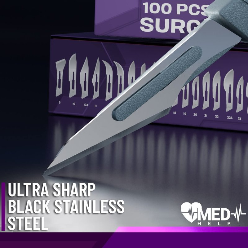 MedHelp 100 Disposable Surgical Blades 11, Size 11 Medical Scalpel Blades for Surgical Scalpel Knife, High Carbon Steel Dermablades. Individually Wrapped