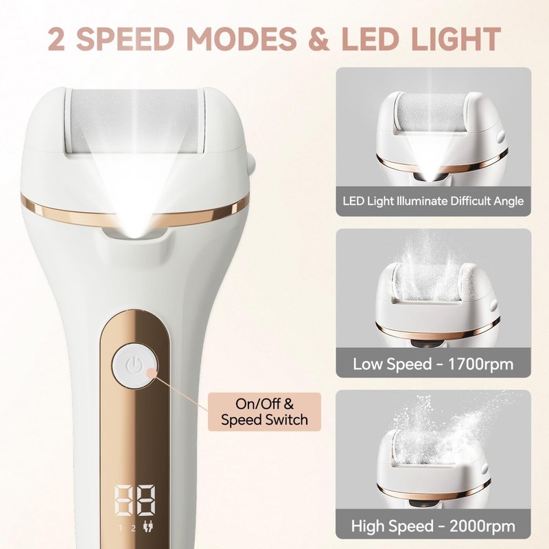 Electric Foot Callus Remover Rechargeable Pedicure Kit with 3 Roller Heads 2 Speed IPX6 Waterproof Foot File Pedicure Tools Professional Foot Care for Dead Cracked Dry Skin White