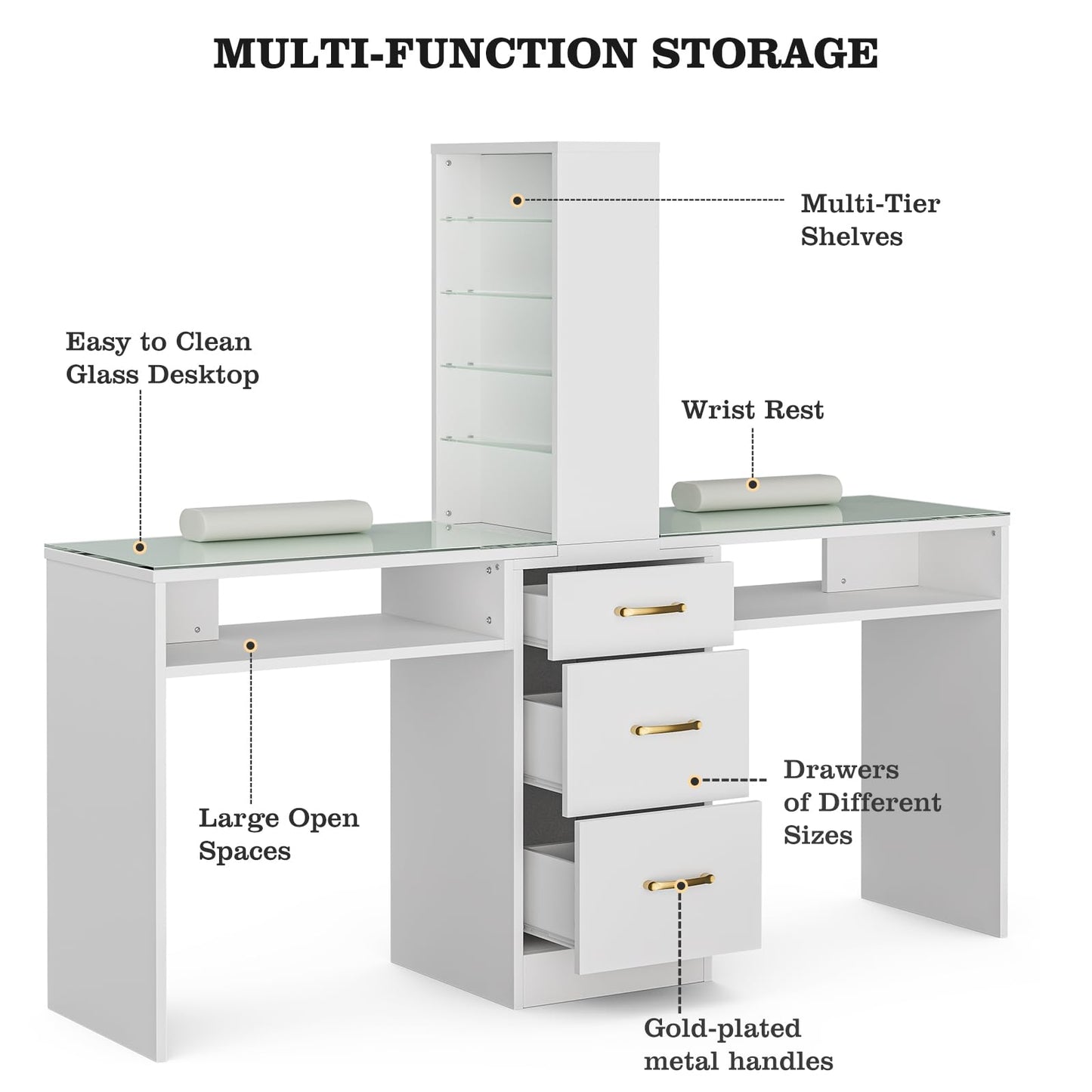 Paddie Double Manicure Table, Nail Desk for Nail Tech w/Glass Top & Wrist Rest, Nail Beauty Workstation w/3 Storage Drawers & 8-Tiers Open Shelves(White)