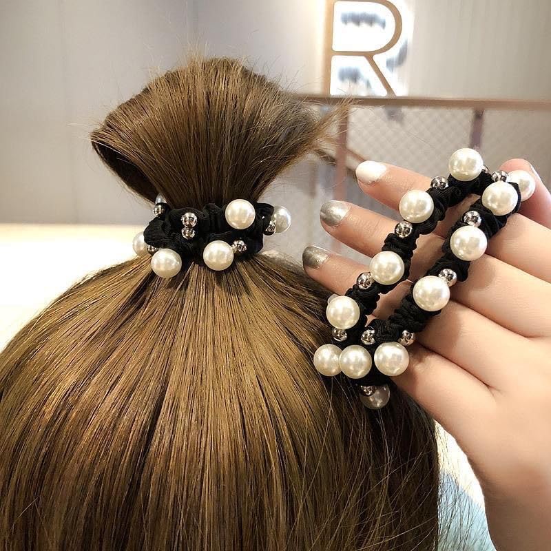 Chic Rhinestone & Faux Pearl Flower Hair Ties - 2pcs Set for Girls | Stylish Everyday & Vacation Accessory, Black