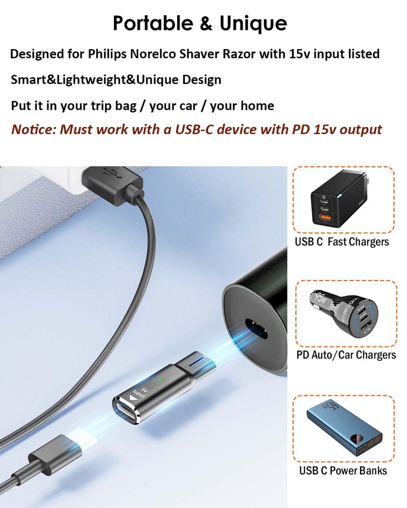 OYY USB C Converter Adapter for Philips Shaver Charger 15V Power Supply Charging Cord Adapter for Norelco HQ8505 7000 5000 3000 9000 2000 MG7750 Electric Razor Arcitec, Multigroom Beard Trimmer 2Pack