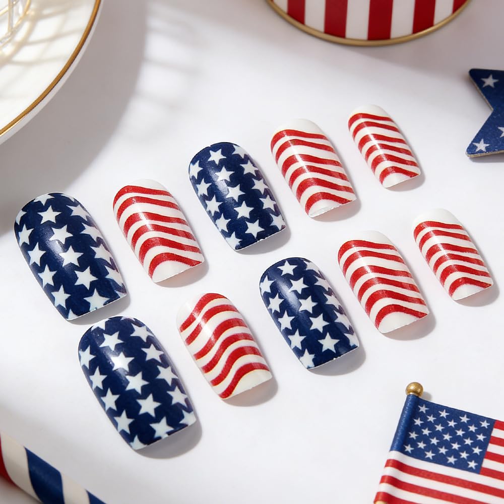 24Pcs 4th of July Press on Nails Medium Square Fake Nails with Star Designs Patriotic Glossy False Nail Fourth of July Nails - 4th of July Nails for Women Girls