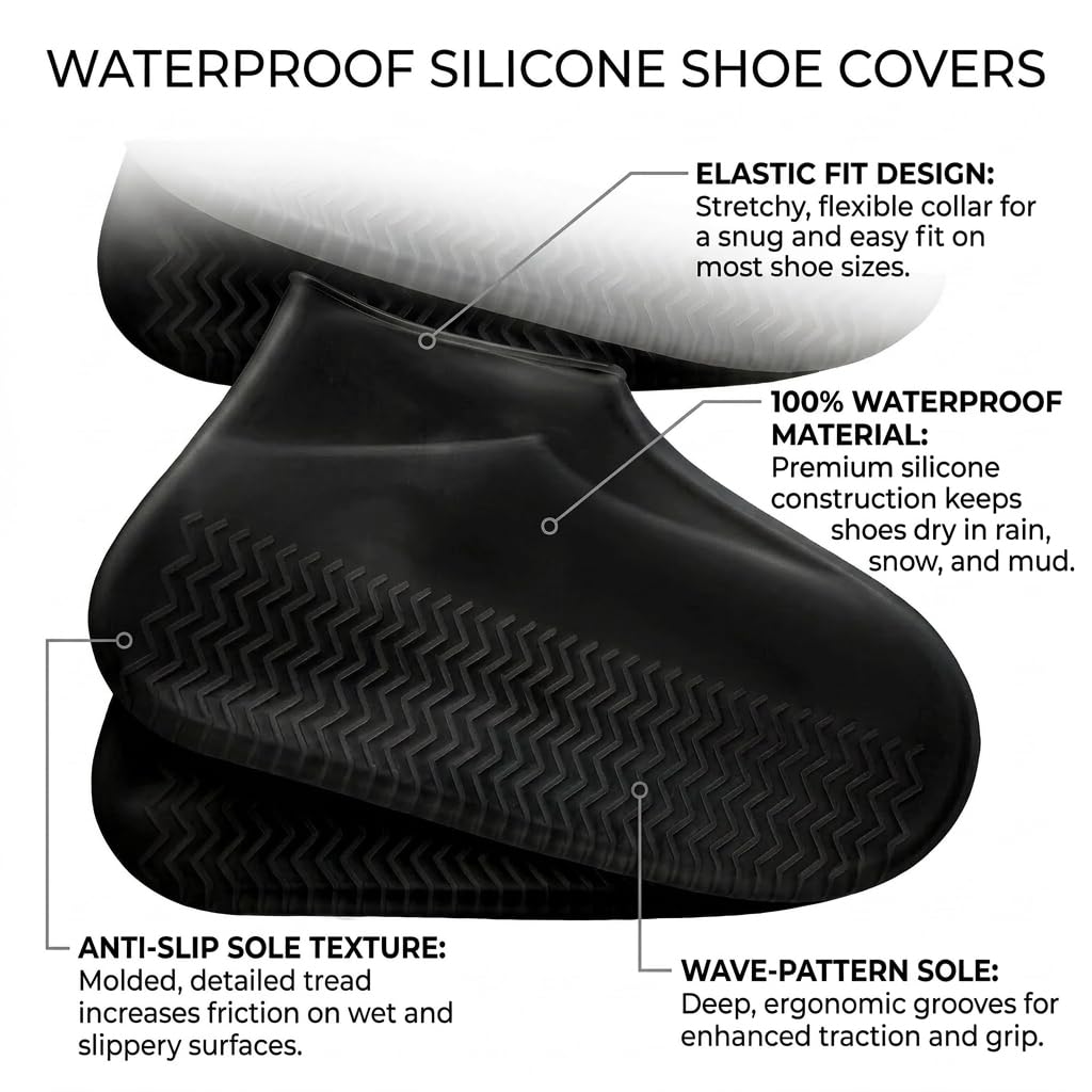 Waterproof Reusable Silicone Shoe Covers, Elastic Non Slip Overshoes for Rain Mud Travel Commuting Outdoor Shoe Protection, Silicone Rain Boot Covers for Daily Use Black Large