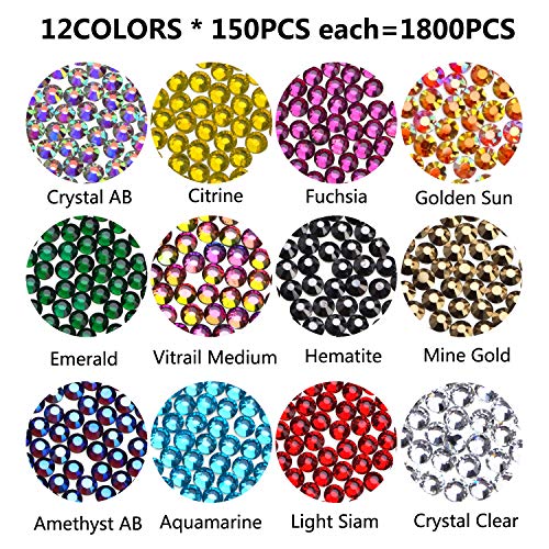 1800Pcs Hot Fix Glass Rhinestones 5mm Flatback Crystal Gems for Nail Art & Crafts