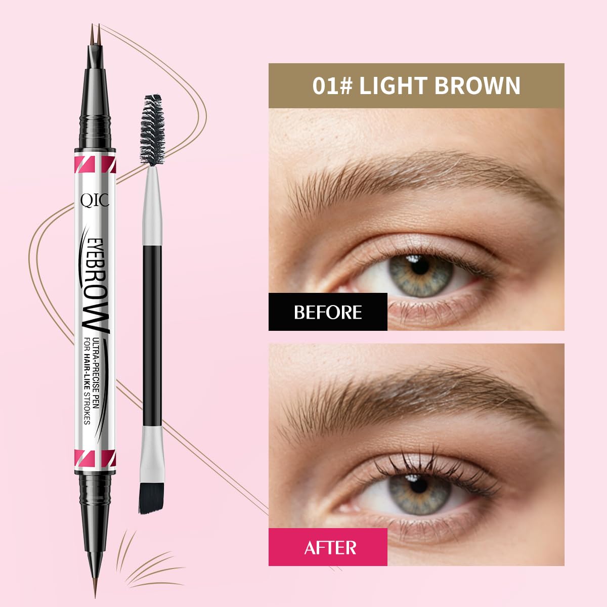 Eyebrow Pen - Eyebrow Pencils for Women, W3W Dual-Ended Microblading Eyebrow Pen, Micro-Fork-Tip + Ultra-Fine Brush Tip, Waterproof Smudge-Proof, Create Natural Hair-Like Brows (Light Brown)