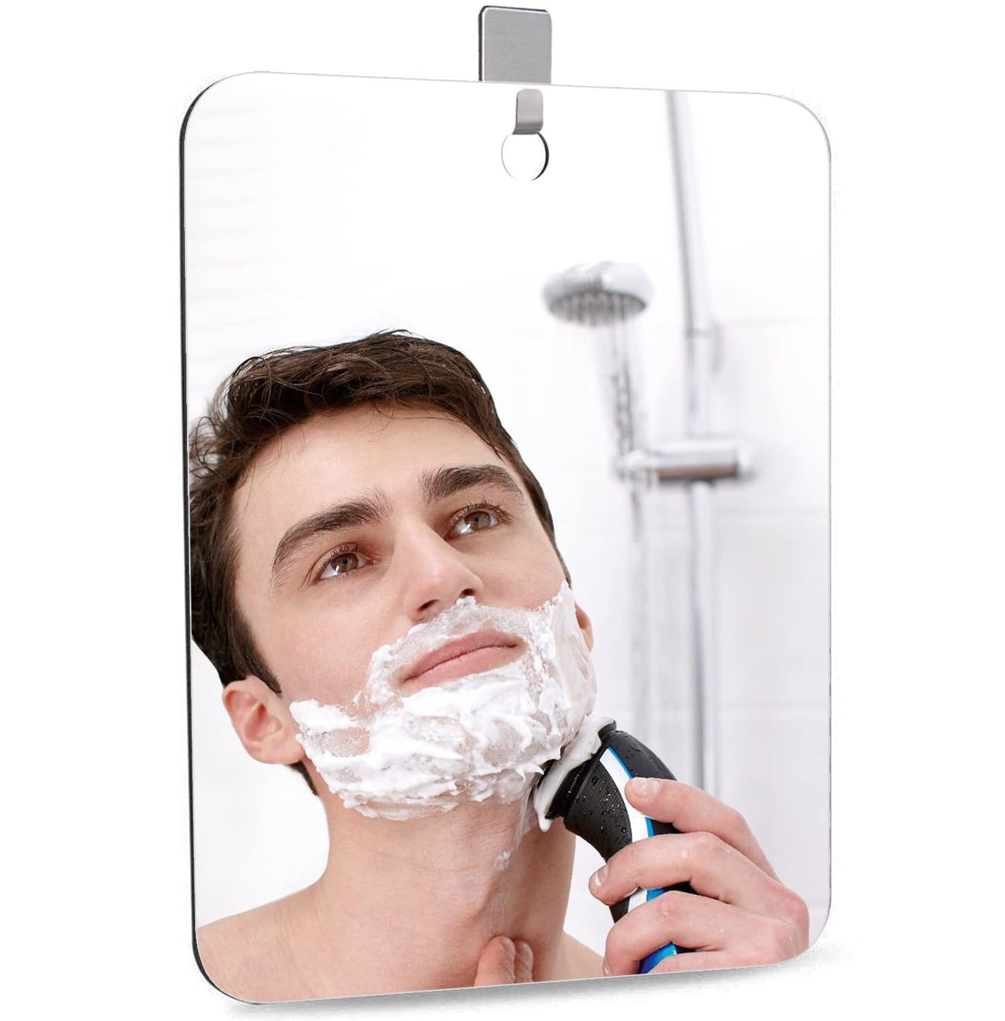 DFLLLO Shower Mirror Shaving Mirror Acrylic Small Travel Makeup Bathroom Wall Hanging Plastic Mirror for Women Men 11" x 7.48" with 1 Adhesive Hooks