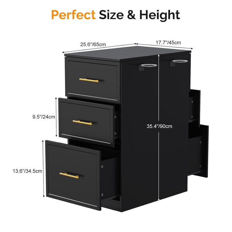 Salon Stations for Hair Stylists - Double-Sided Barber Station with 6 Drawers & 2 Dryer Holders | Modern Black Styling Cabinet