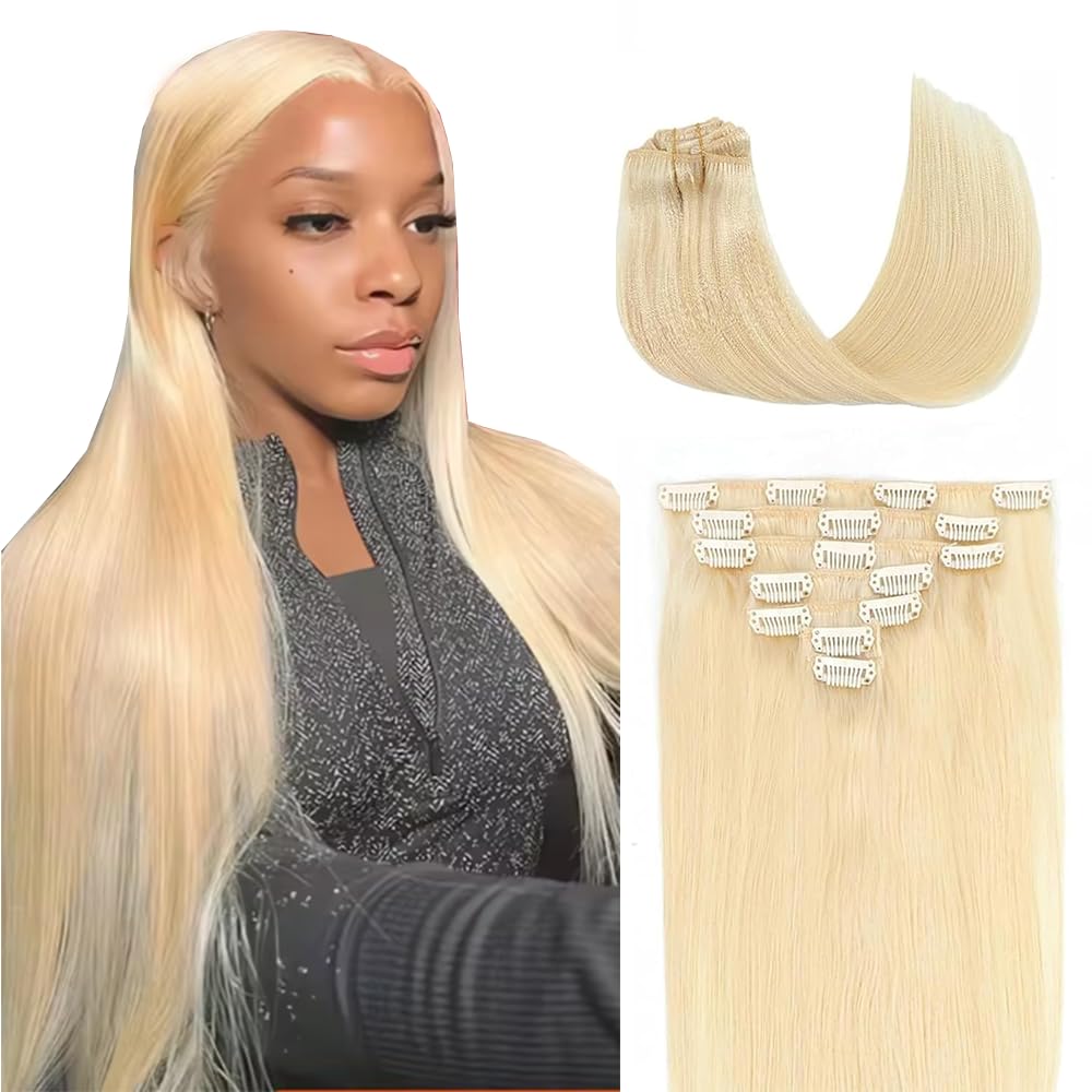 24 Inch #613 Clip in Hair Extensions Real Human Hair 120g/7Pcs,Full Shine Honey Blonde Remy Human Hair,#613 Blonde Straight Clip ins Brazilian Virgin Human Hair Extensions
