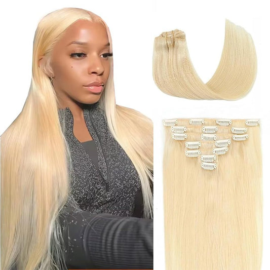 24 Inch #613 Clip in Hair Extensions Real Human Hair 120g/7Pcs,Full Shine Honey Blonde Remy Human Hair,#613 Blonde Straight Clip ins Brazilian Virgin Human Hair Extensions