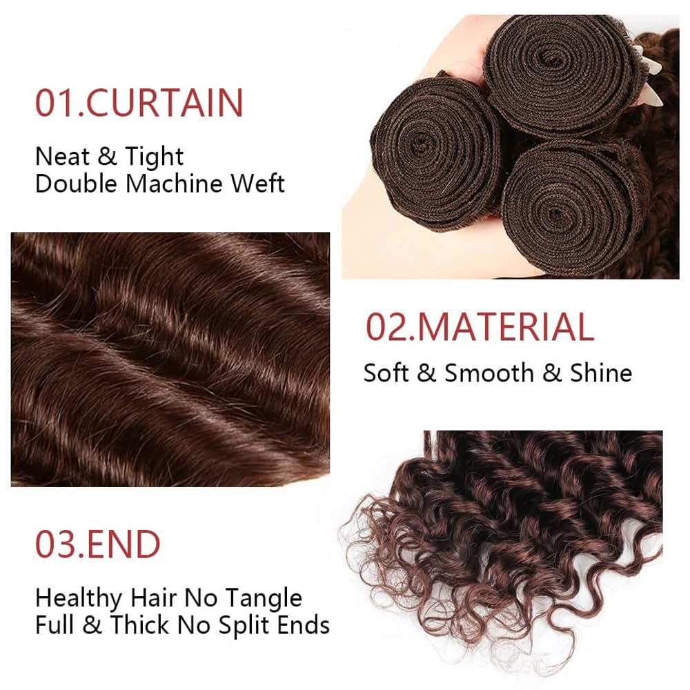 #4 Bundles Human Hair Brown Deep Wave Bundles 16 18 20 inch WuvuSnm Brown Bundle Human Hair #4 Wet and Wavy Bundle