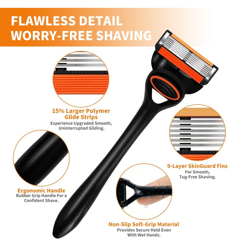 ADULAHI Men’s Cartridge Razors with 4 Replacement Cartridges,Pivoting Head, 6 Flex Stainless Steel Blades & Lubrication Strip for Smooth Shaving - Precision Engineered for Daily Use and Travel