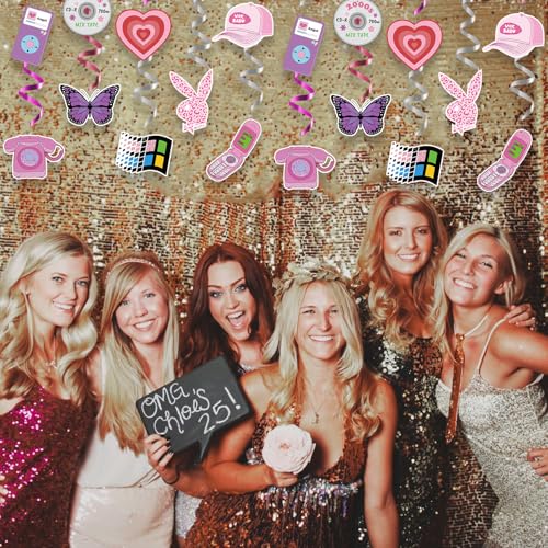 Y2K Pink Hanging Swirl Decorations Set - 30 Pcs Retro Party Decor