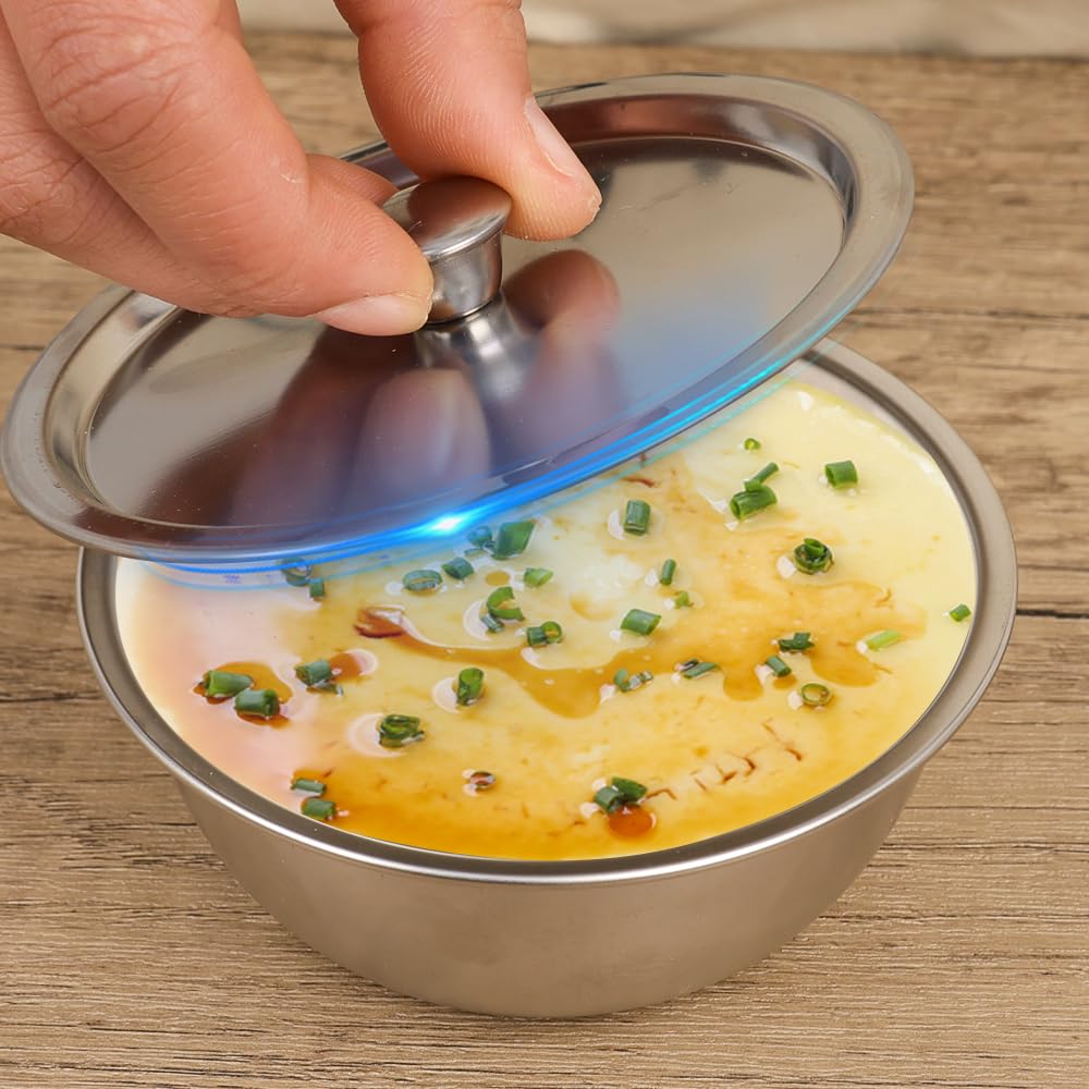 304 Stainless Steel Steamed Egg Bowl With Lids Household Kitchen Tableware Fruit Salad Dessert Soup Bowl Food Container,10 * 5.3 * 5cm