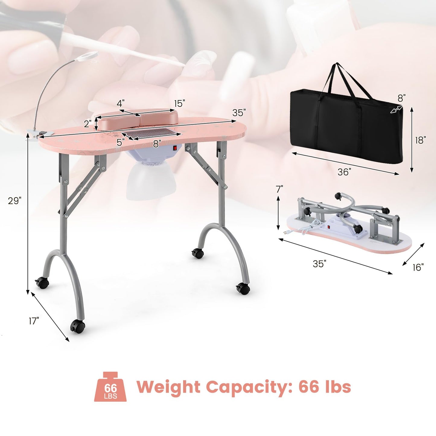 Giantex Nail Table for Nail Tech, Portable Manicure Table with Electric Dust Collector, USB-Plug LED Lamp, Wrist Rest, 4 Lockable Wheels, Foldable Nail Desk with Carry Bag (Pink)