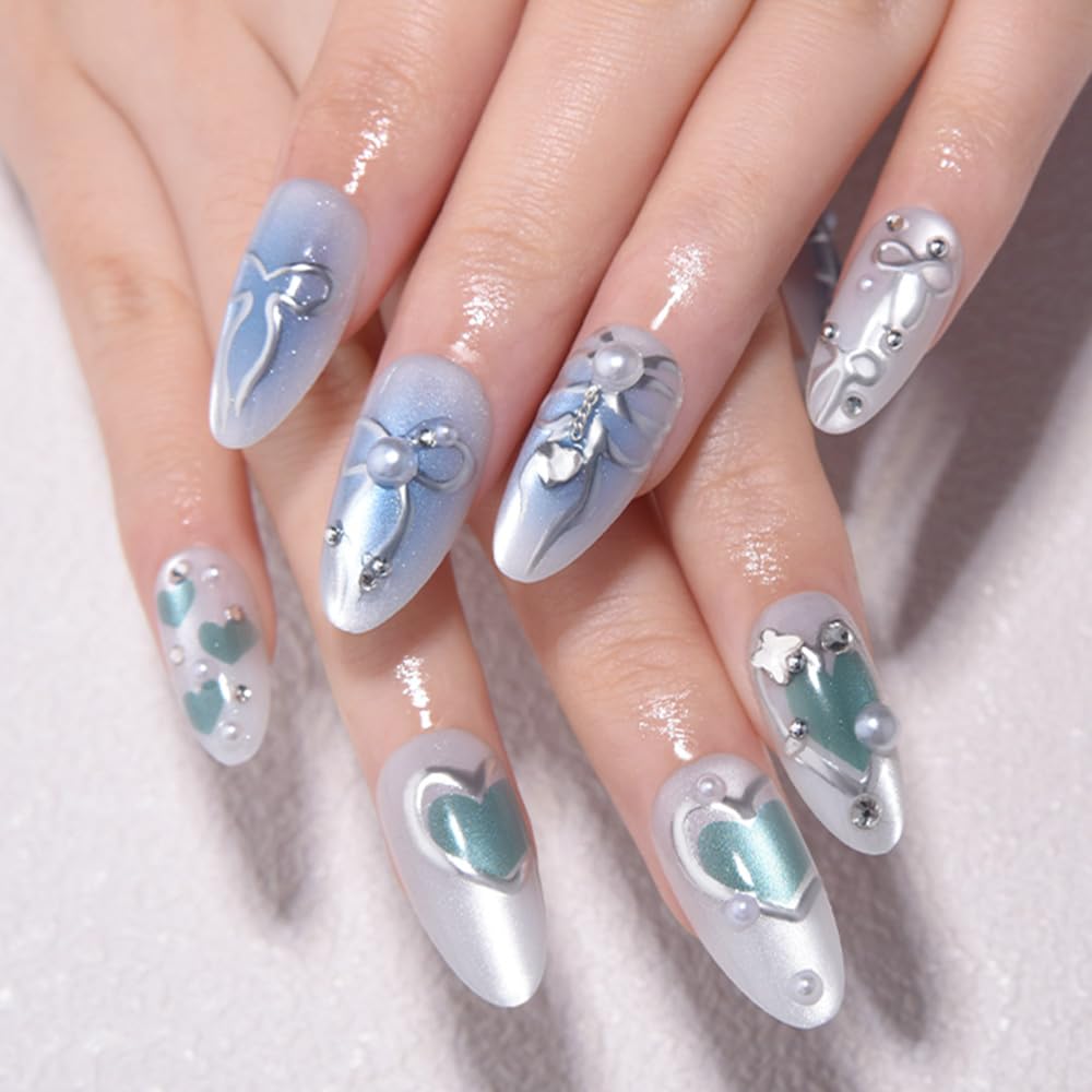 3D Gold Line French Tip Press-On Nails - Short Almond Glitter Light Nude | Handmade Acrylic Nails with 3D Pearl Designs