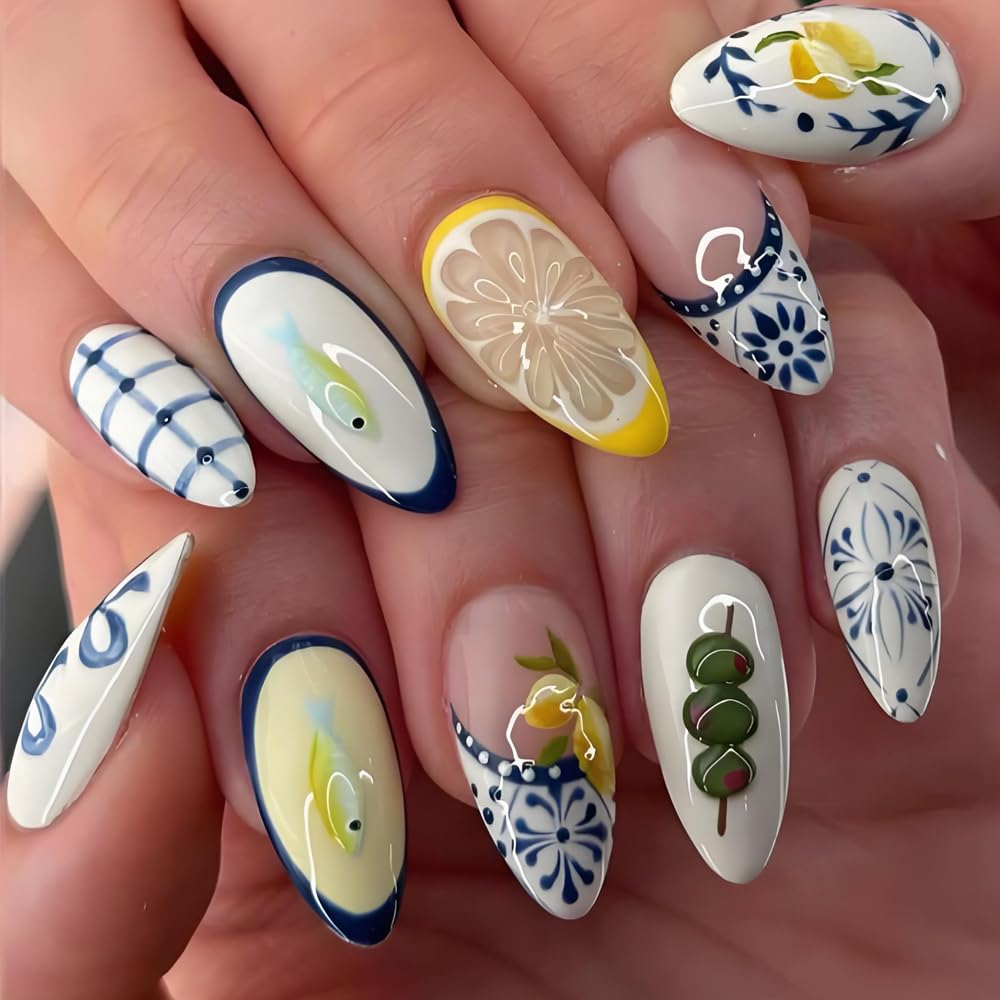 Summer Press-On Nails - Short Square Fake Nails with Sunset Coconut Trees Design | 24 Pcs Glossy Blue French Tips, Reusable Manicure