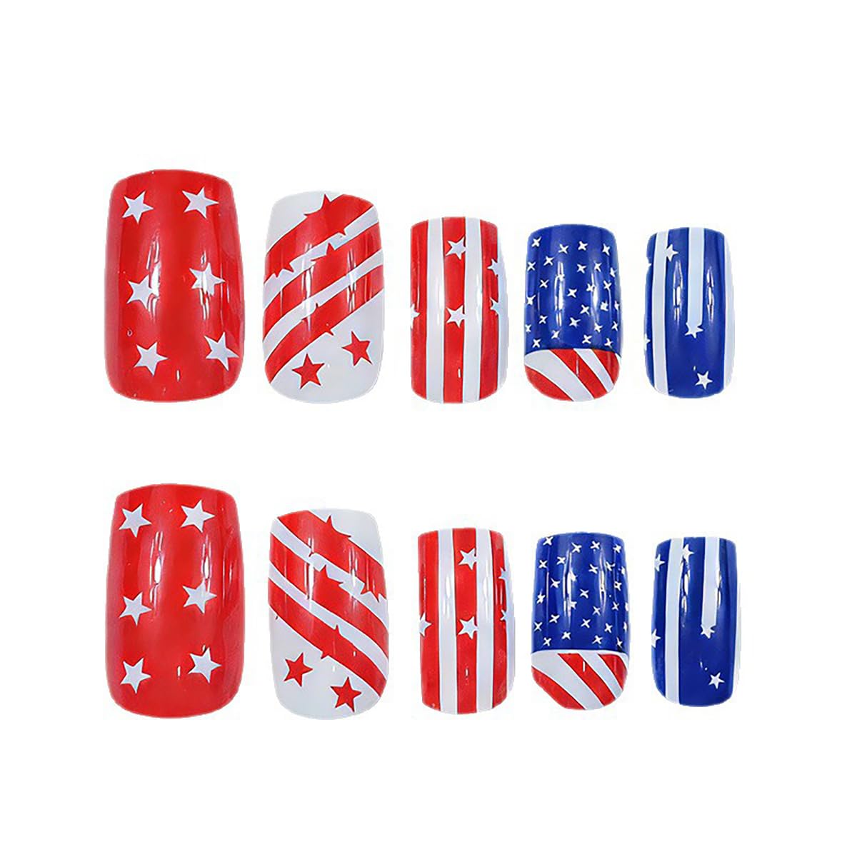 24Pcs 4th of July Press-On Nails - Short Square Acrylic Nails with American Flag Design | Patriotic Red, White & Blue
