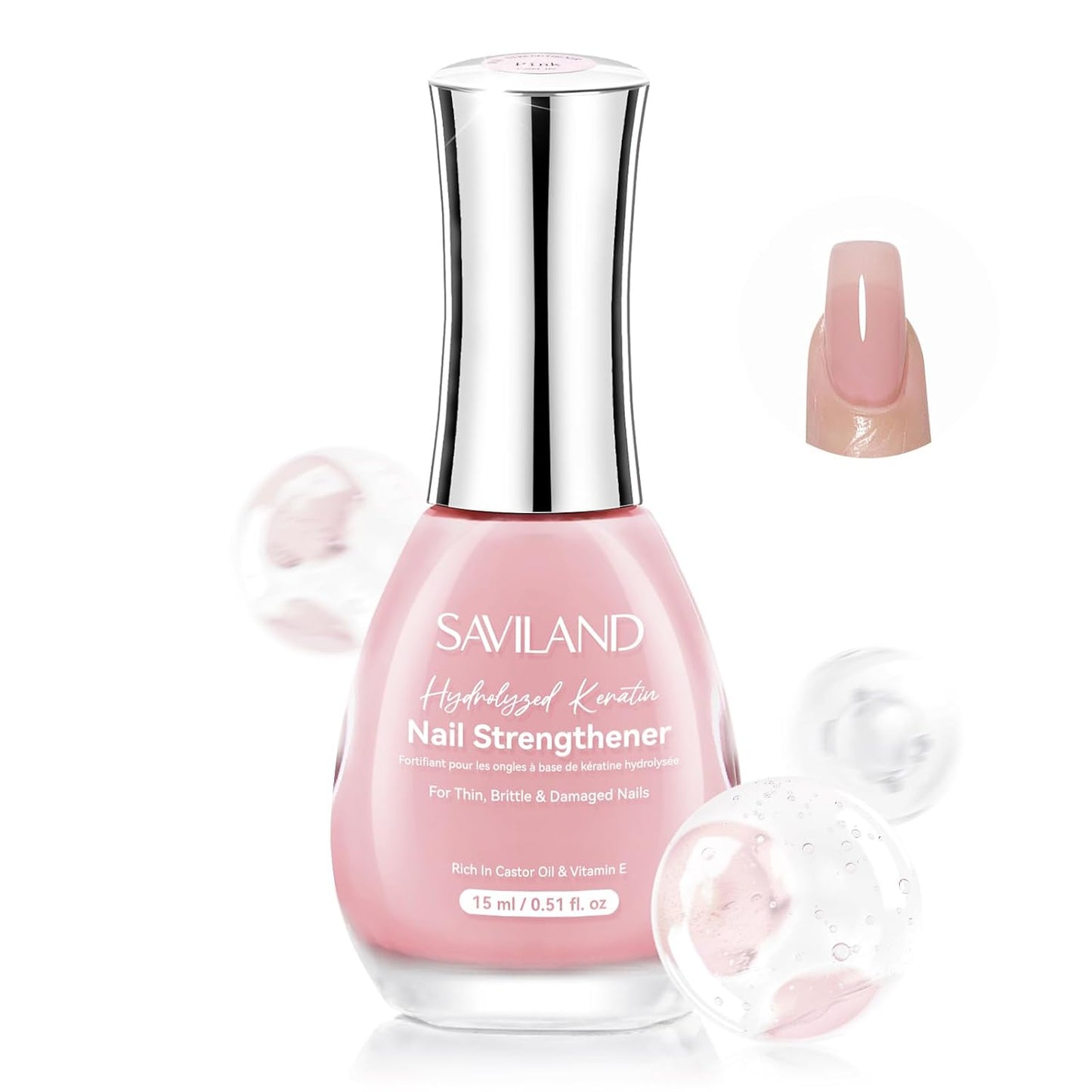 SAVILAND Clear Nail Strengthener - Fast-Drying Natural Growth Treatment | 15ml Castor Oil & Vitamin E for Weak Nails