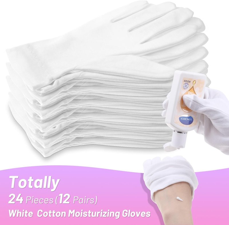 Moisturizing Cotton Gloves for Eczema Relief - 12 Pairs of Soft, White Spa Lotion Gloves for Dry Hands