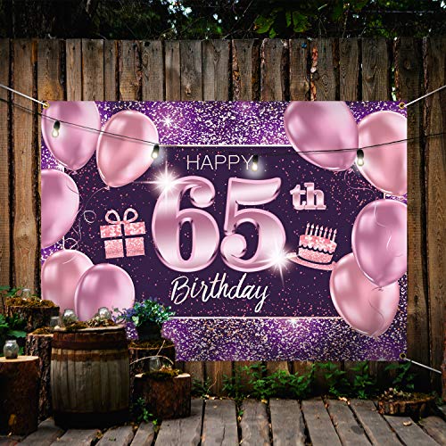 65th Birthday Banner Backdrop - Pink Purple Gold 4x6ft Party Decor