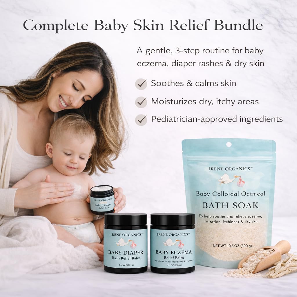 Irene Organics Baby Skincare Complete Routine Bundle – Colloidal Oatmeal Bath Soak, Eczema Relief Balm, Diaper Rash Balm & for Sensitive Skin, Newborns, Infants & Toddlers